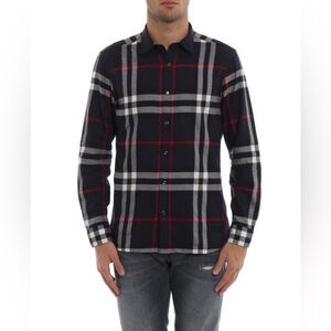 NWT Men’s Burberry Navy and Red Check Button Down Shirt